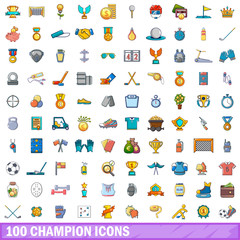 100 champion icons set, cartoon style 