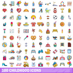 100 childhood icons set, cartoon style 