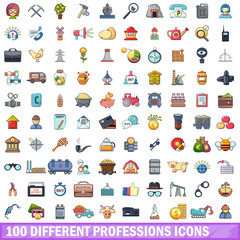 100 different professions icons set, cartoon style 