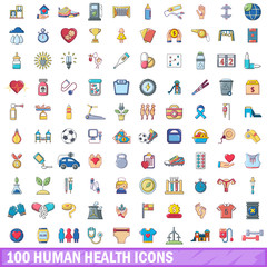 100 human health icons set, cartoon style 