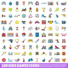 100 kids games icons set, cartoon style 