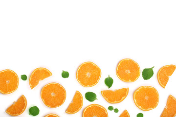 Slices of orange or tangerine with leaves isolated on white background with copy space for your text. Flat lay, top view