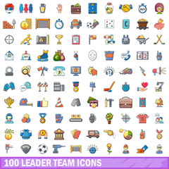 100 leader team icons set, cartoon style 