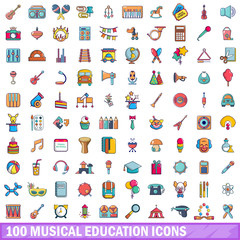 100 musical education icons set, cartoon style 