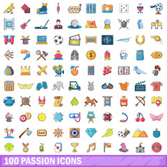 100 passion icons set, cartoon style 