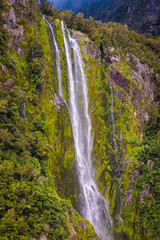 Fototapeta na wymiar Stirling Falls seen from on board of a cruise ship. Milford Sound, New Zealand