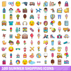 100 summer shopping icons set, cartoon style 