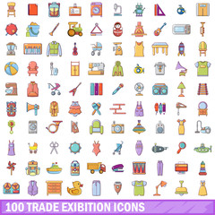 100 trade exhibition icons set, cartoon style 