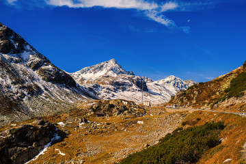 Landscape of the Swiss Alps and forest of national parc in Switzerland. Alps of Switzerland on autumn. Fluela pass road. . Swiss canton of Graubunden.  Val M&uuml;stair Region