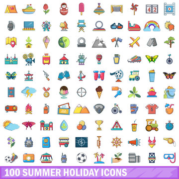 100 summer holiday icons set, cartoon style 