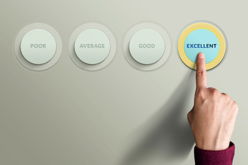 Customer Experience Concept, Best Excellent Services Rating for Satisfaction present by Finger Hand pressing a Button