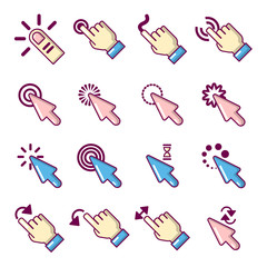 Hand click icons set, cartoon style