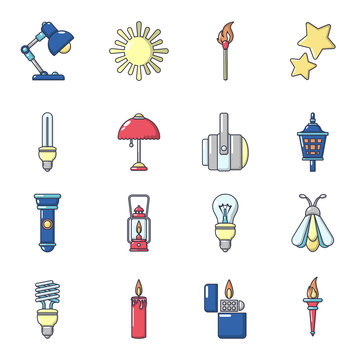 Light source icons set, cartoon style