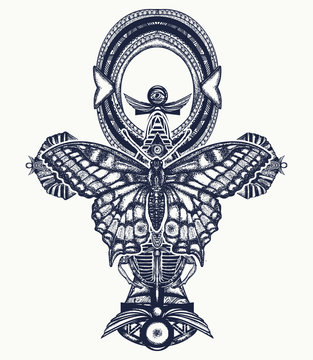 Ankh and butterfly tattoo and t-shirt design, ancient egyptian cross t-shirt design. Decorative ethnic style of Ancient Egypt. Ankh symbol of eternal life tattoo, key to immortality