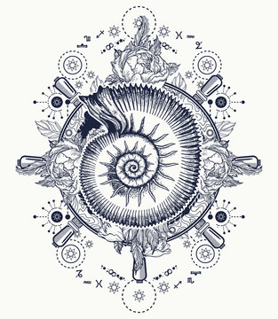 Sea wave storm and ancient ammonites tattoo and t-shirt design. Ocean wave art. Sea tattoo. Symbol of a storm and calm, silence and noise. Alchemy, medieval religion, occultism tattoo
