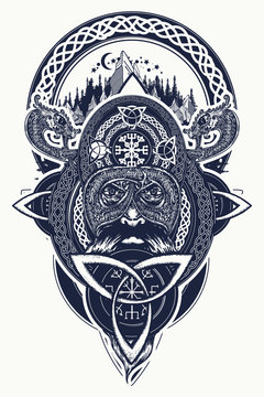 Viking warrior and mountains tattoo. Northern warrior, t-shirt design. Celtic emblem of Odin. Northern dragons, mountains, viking helmet, ethnic style