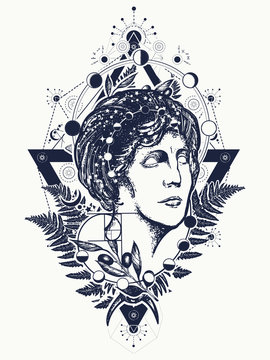 Magic woman goddess Aphrodite tattoo. Scientist tattoo and t-shirt design. Science and education tattoo. Statue of Aphrodite. Symbol of knowledge, poetry, science, philosophy, psychology