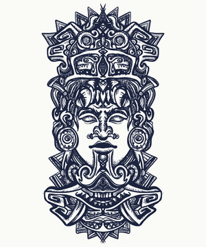 Ancient aztec totem, Mexican god. Ancient Mayan civilization. Indian mayan carved in stone tattoo art. Mayan tattoo and t-shirt design