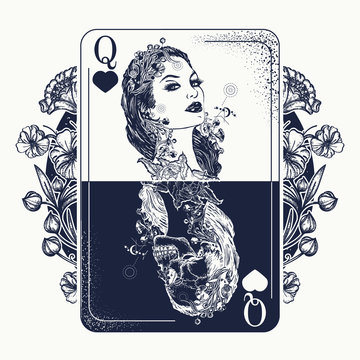 Queen playing card and art nouveau flowers tattoo and t-shirt design. Beautiful girl and skeleton. Symbol of gamblings, Tarot cards, success and defeat, casino, poker