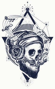 Human skull sacred geometry tattoo and t-shirt design. Skull of the bearded hipster in earphone listens to music. Skull with beard, mustache, hipster hat and headphones tattoo