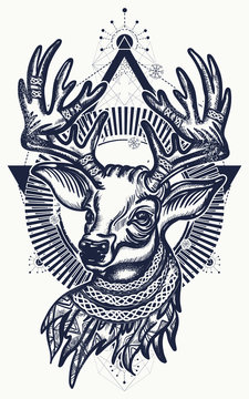Christmas reindeer. Symbol of winter, new year, Christmas. Beautiful reindeer portrait tattoo art. Deer tattoo and t-shirt design
