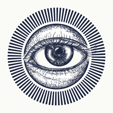 All seeing eye tattoo art vector. Magic eye t-shirt design. Freemason and spiritual symbols. Alchemy, medieval religion, occultism, spirituality and esoteric tattoo