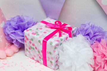 Closeup image of present and decorations for kid's birthday party