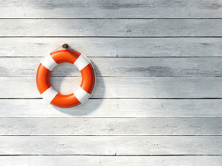 Naklejka premium Red lifebuoy on a white wall. 3d rendering