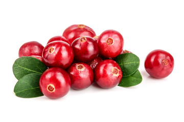 Cranberry with leaf isolated on white background closeup macro