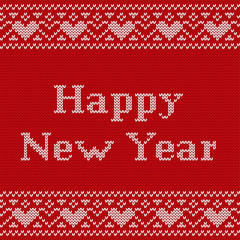Fototapeta na wymiar Knitting seamless pattern with text Happy New year. Knit Christmas design. Vector. Knitted winter ornaments. Red textured background.