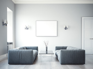Two gray sofas in the interior with a picture frame. 3d renering