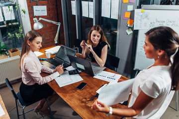 Young businesswomen at presentation. Female colleague showing a diagram explaining new business strategy