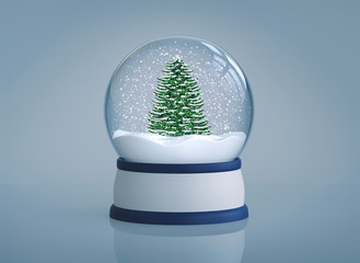 Snow globe with christmas tree on blue background