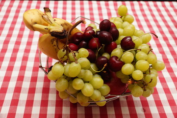 Bunch of fresh fruits in a basket on a table