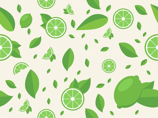Lime with green leaves, slice citrus white background. Tropical fruits. Raw and vegetarian food. Seamless pattern. Vector illustration.