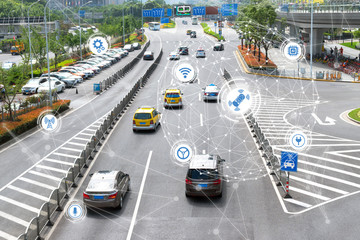 Smart car , Autonomous self-driving mode vehicle on metro city road iot concept with graphic sensor radar signal system and internet sensor connect.