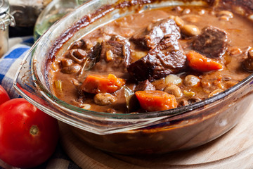Beef Bourguignon stew in a casserole dish