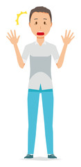 Illustration that a man wearing a short-sleeved shirt is surprised