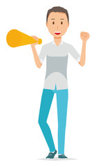 Illustration that a man wearing a short-sleeved shirt has a megaphone