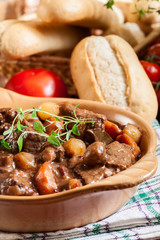 Beef Bourguignon stew served with baguette