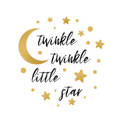 Obraz na płótnie Canvas Twinkle twinkle little star text with gold star and moon for girl baby shower card template