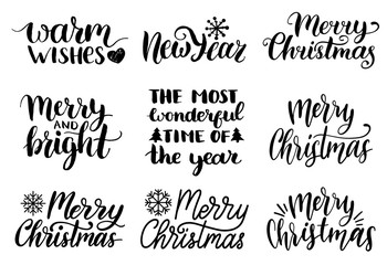 Vector handwritten Christmas and New Year calligraphy set of Merry and Bright, Warm Wishes etc.