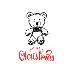 Merry Christmas lettering on white background. Vector hand drawn illustration of toy plush bear.