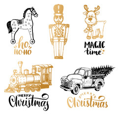 Vector hand drawn illustrations of Christmas toys. Nativity lettering on white background. New Year images.