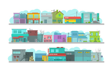 Obraz premium City long street. Set of architecture town buildings. Flat vector graphics. A lot of various details happy bright flat vector
