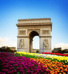 Arc de triomphe at spring day, Paris, France, retro toned