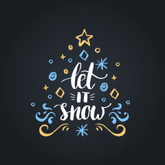 Let It Snow lettering on black background. Vector Christmas chalk drawing illustration. Happy Holidays greeting card.