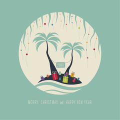 The cover design. Depicts two palm trees, ocean, colors presents on the sand, a garland of  colors balls and sun in the background. The phrase merry christmas and happy new year. The numbers 2,0,1,8