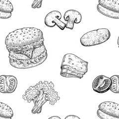 Burger hand drawing vintage style,Components of Burger,Burger seamless pattern
