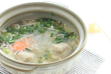 Asian food, fish cake and glass noodles hot pot